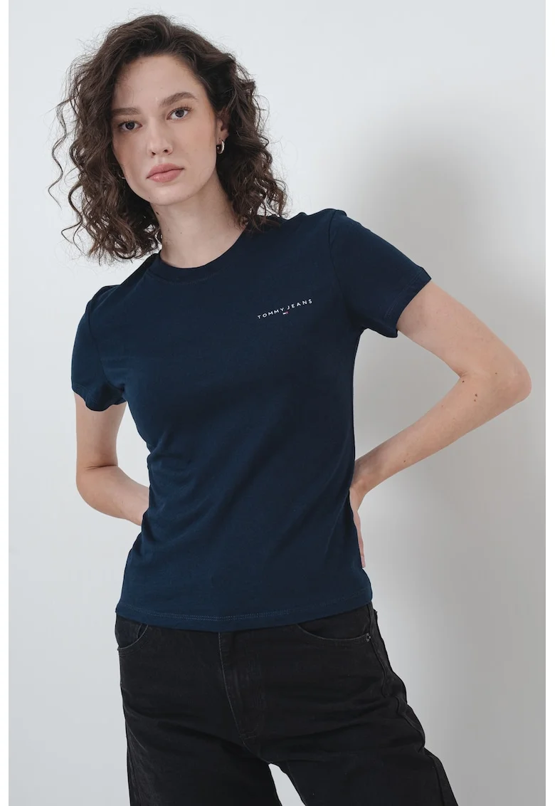 Tricou slim fit cu decolteu la baza gatului, Alb/Bleumarin