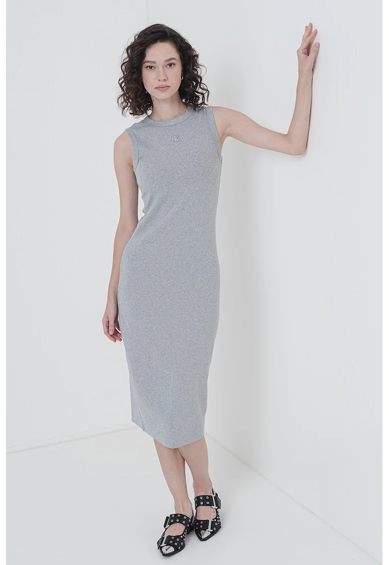 Rochie midi cu croiala dreapta si decolteu la baza gatului, Gri deschis