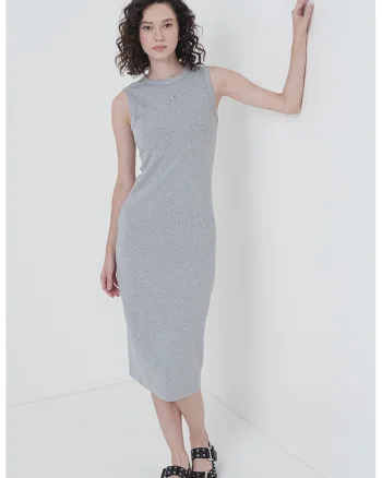 Rochie midi cu croiala dreapta si decolteu la baza gatului, Gri deschis