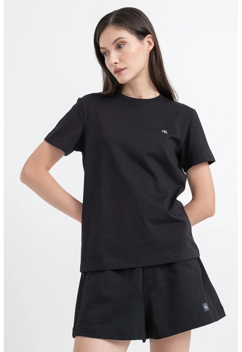 Tricou din bumbac cu logo brodat, Negru