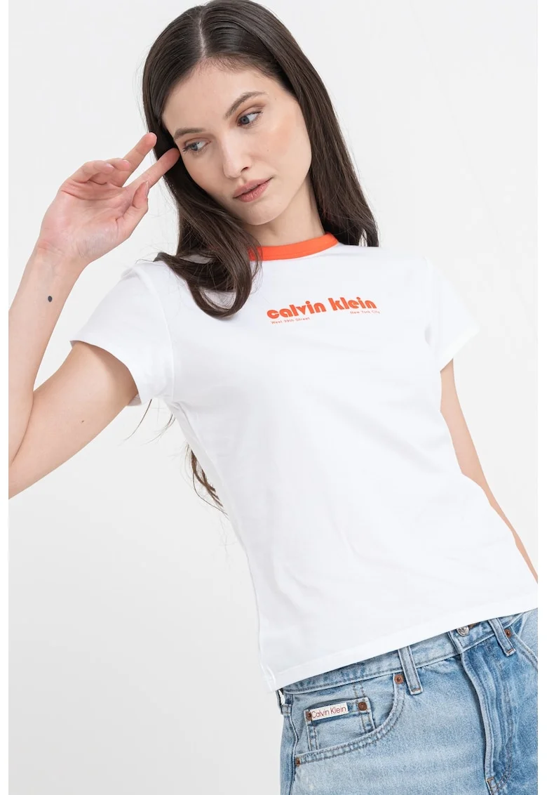 Tricou slim fit cu imprimeu logo, Alb/Portocaliu