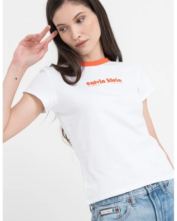 Tricou slim fit cu imprimeu logo, Alb/Portocaliu