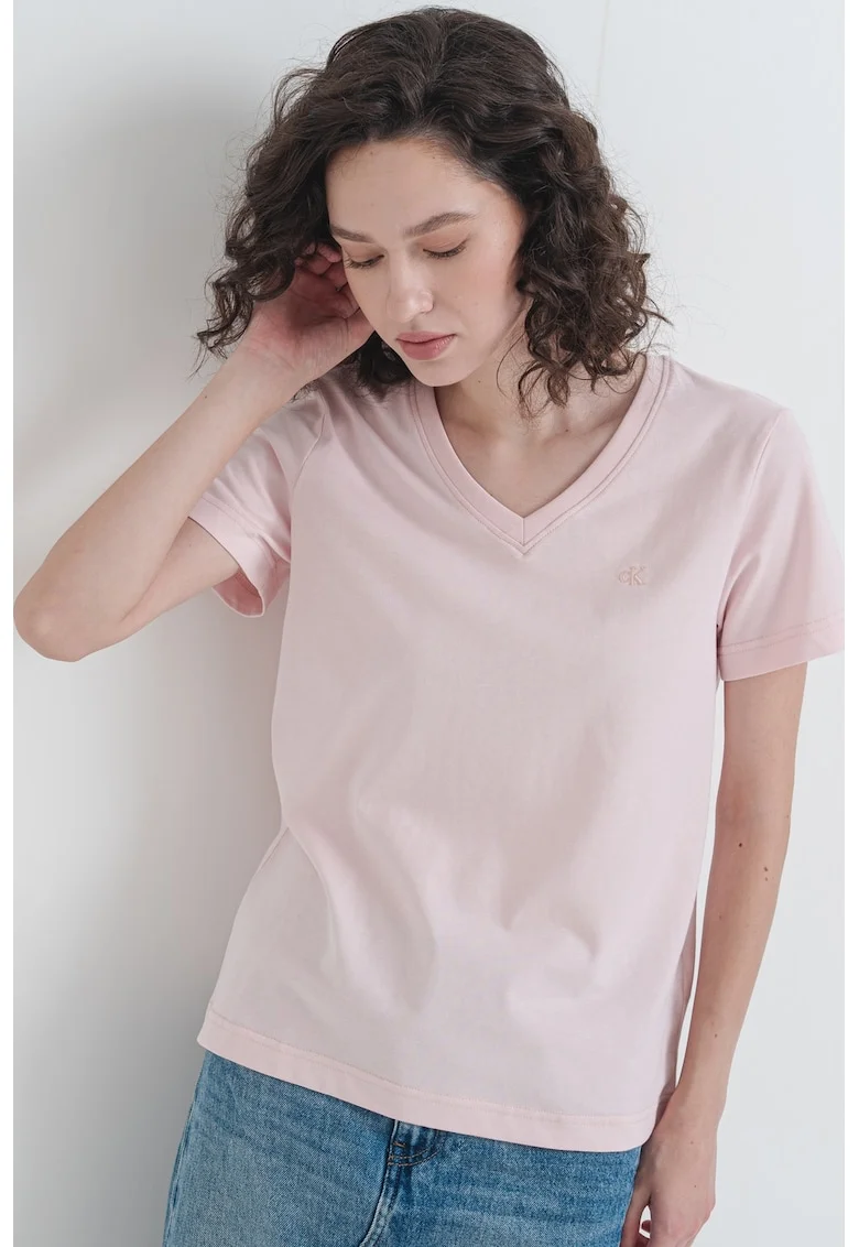 Tricou cu decolteu in V si logo discret, Piersica