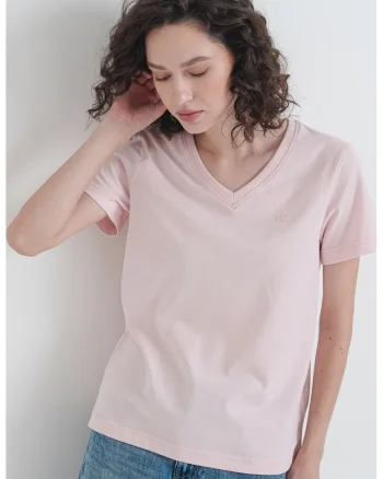 Tricou cu decolteu in V si logo discret, Piersica