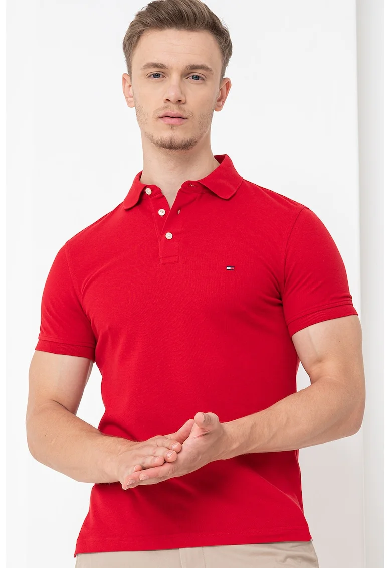 Tricou polo slim fit din amestec de bumbac organic, Rosu vermillion