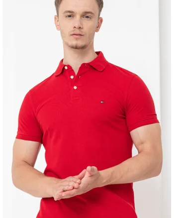 Tricou polo slim fit din amestec de bumbac organic, Rosu vermillion