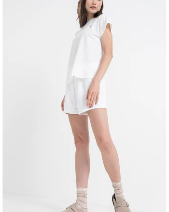 Tricou cu decolteu la baza gatului si logo discret, Alb optic