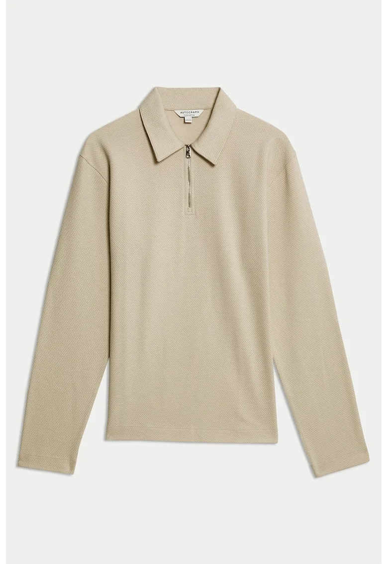Bluza polo cu fenta cu fermoar, Maro nisip