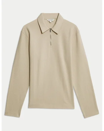 Bluza polo cu fenta cu fermoar, Maro nisip