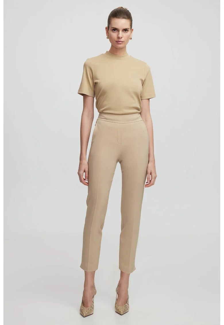 Pantaloni uni skinny cu talie inalta, Maro deschis