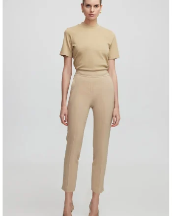 Pantaloni uni skinny cu talie inalta, Maro deschis