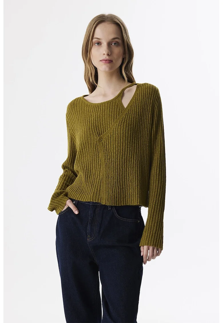 Pulover uni cu decolteu asimetric, Verde masliniu