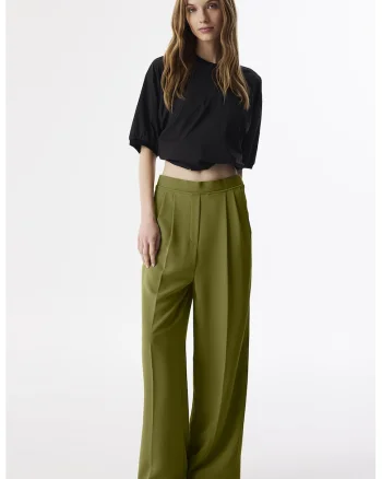 Pantaloni cu pliuri si croiala ampla, Verde masliniu