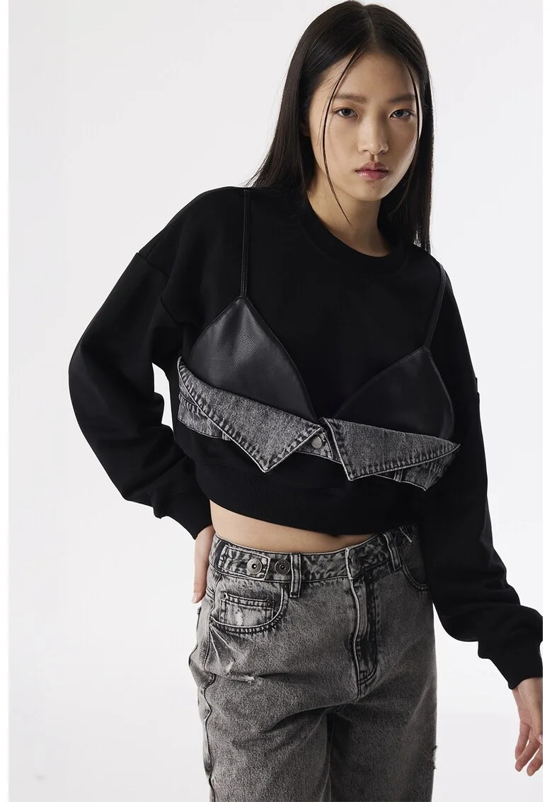 Bluza de trening din amestec de bumbac cu model 2 in 1, Negru