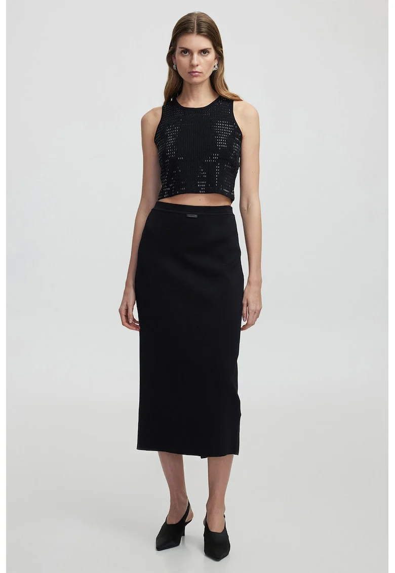 Fusta midi cu talie elastica, Negru
