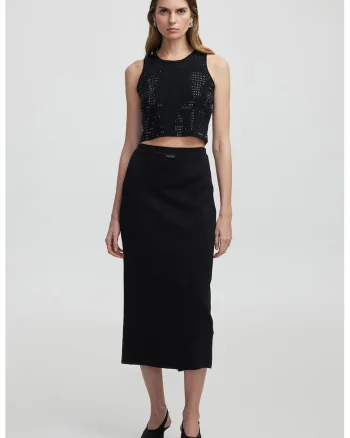 Fusta midi cu talie elastica, Negru