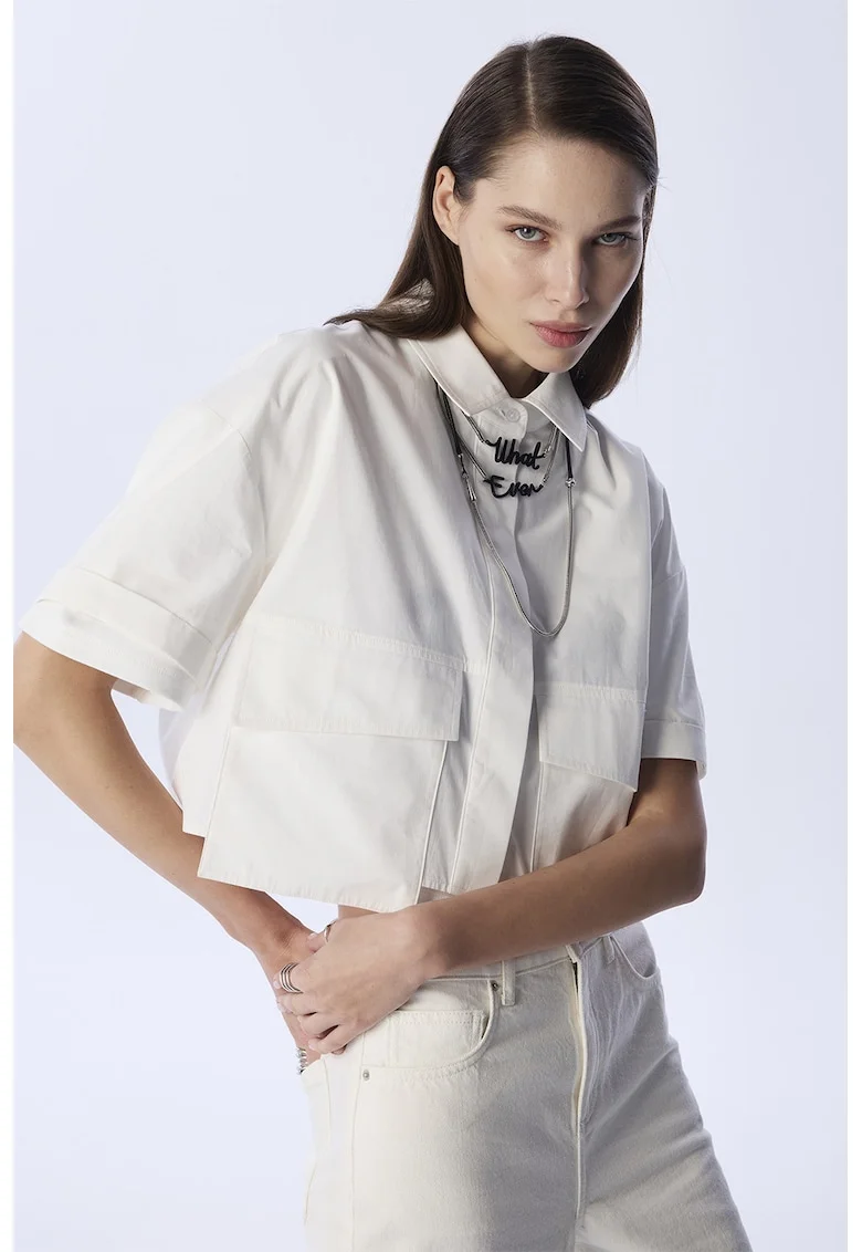 Camasa crop cu buzunare asimetrice, Alb murdar