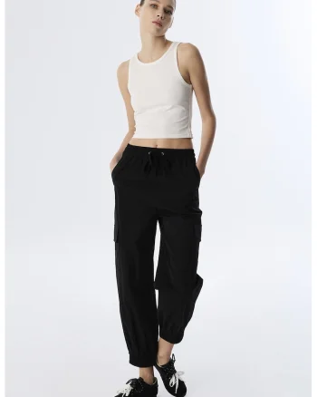 Pantaloni de trening cu talie inalta si ajustabila, Negru