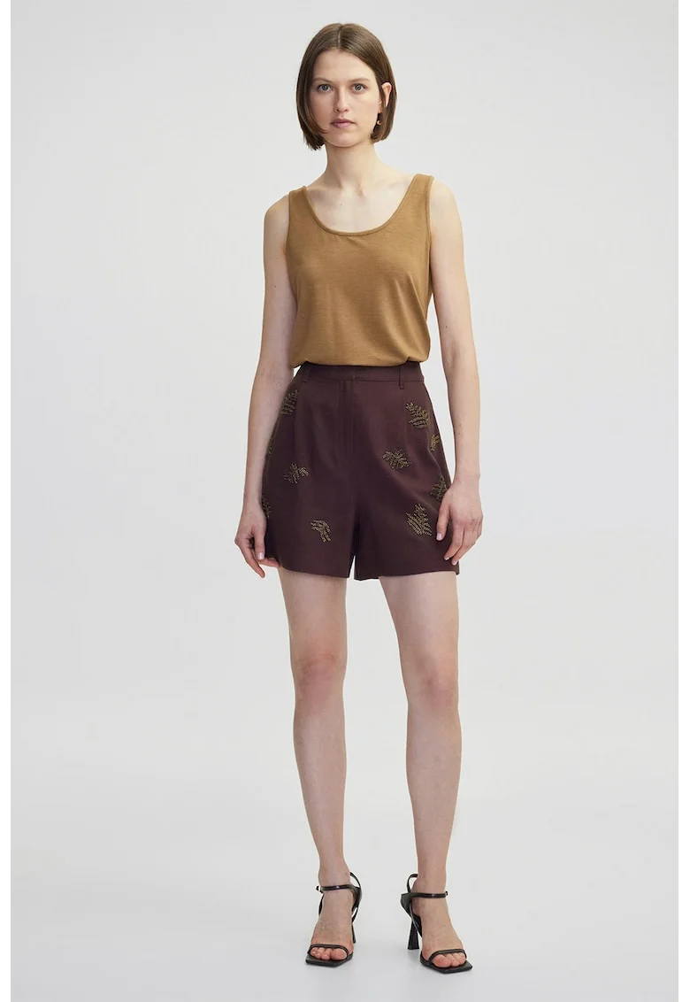 Pantaloni scurti din lyocell si in, Maro inchis