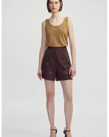 Pantaloni scurti din lyocell si in, Maro inchis