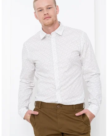 Camasa cu maneci lungi si model monograma, Alb/Kaki
