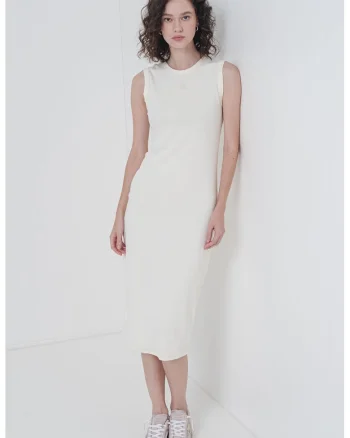 Rochie midi cu croiala dreapta si decolteu la baza gatului, Galben pal