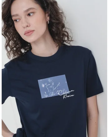 Tricou de bumbac cu decolteu la baza gatului, Bleumarin