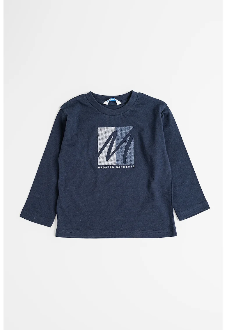 Bluza de bumbac cu decolteu rotund si imprimeu grafic, Bleumarin