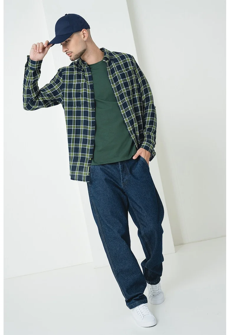 Camasa din bumbac cu model in carouri, Alb/Verde lime/Bleumarin