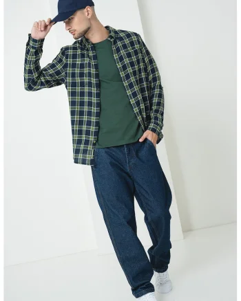 Camasa din bumbac cu model in carouri, Alb/Verde lime/Bleumarin