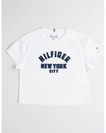 Tricou crop cu text brodat, Albastru ultramarin/Alb optic