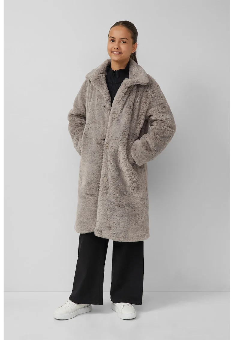Palton lung din material teddy, Maro taupe