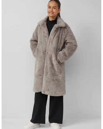 Palton lung din material teddy, Maro taupe