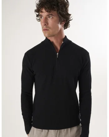 Pulover slim-fit cu fenta cu fermoar, Negru