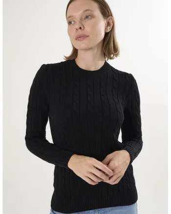 Pulover cu decolteu la baza gatului si model torsade, Negru