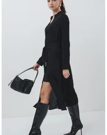 Rochie cu cordon si maneci lungi, Negru