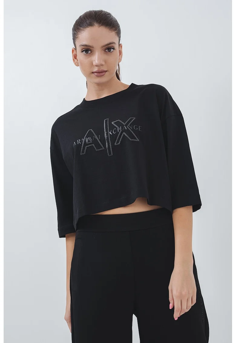Tricou crop cu decolteu la baza gatului, Negru