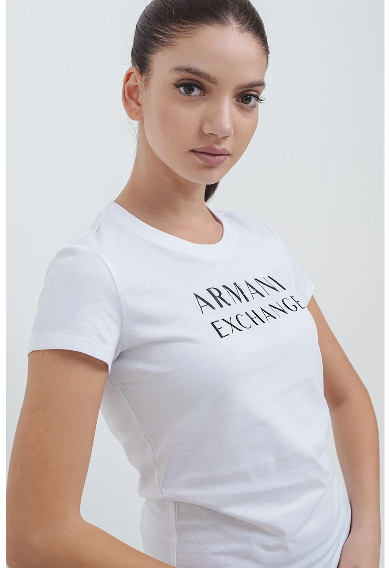Tricou slim-fit cu decolteu la baza gatului si logo, Alb/Negru