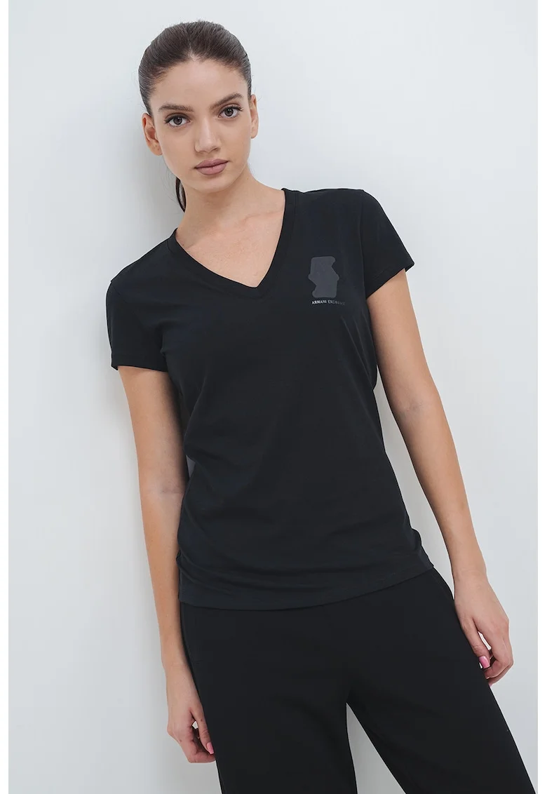 Tricou din bumbac cu decolteu in V, Negru