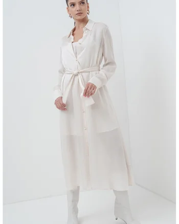 Rochie cu cordon si maneci lungi, Crem