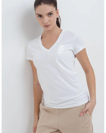 Tricou din bumbac cu decolteu in V, Alb