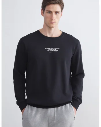 Bluza de trening cu design text si decolteu la baza gatului, Negru