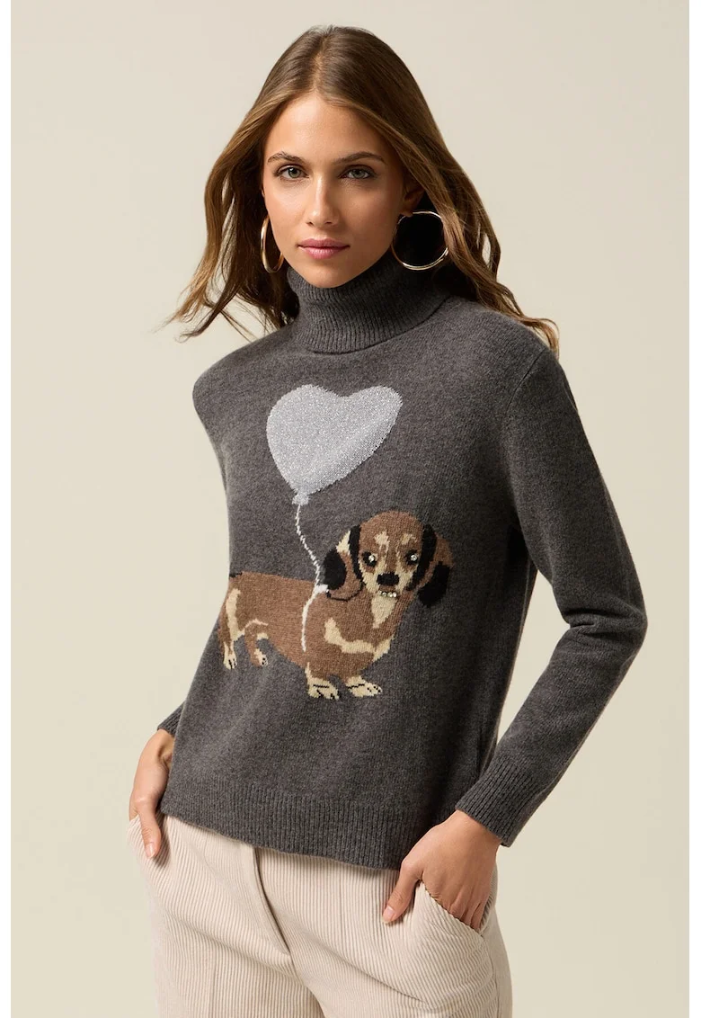 Pulover din amestec de lana cu guler inalt si model, Gri inchis