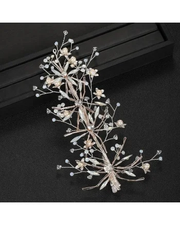 Accesoriu par, argintiu, cu flori, pietre si margelute aurii, Heinz C7,