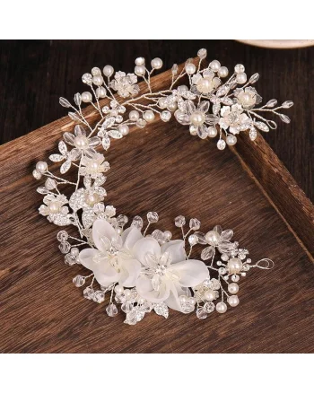 Accesoriu par, argintiu, modelator, cu flori si perle, Atalie C6,