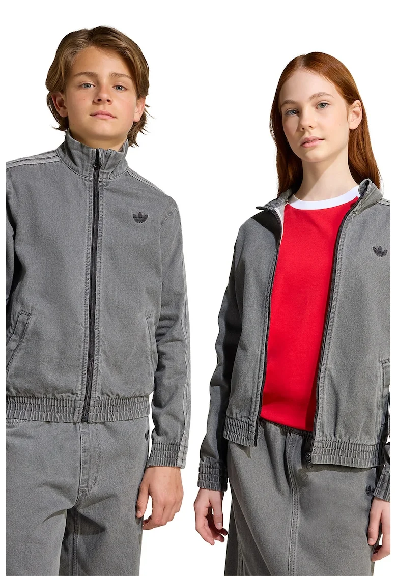 Jacheta unisex din denim cu fermoar si banda elastica in talie, Gri inchis