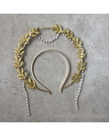 Tiara Halo, handmade, aurie, cu frunzulite si perle, Elvia C1,