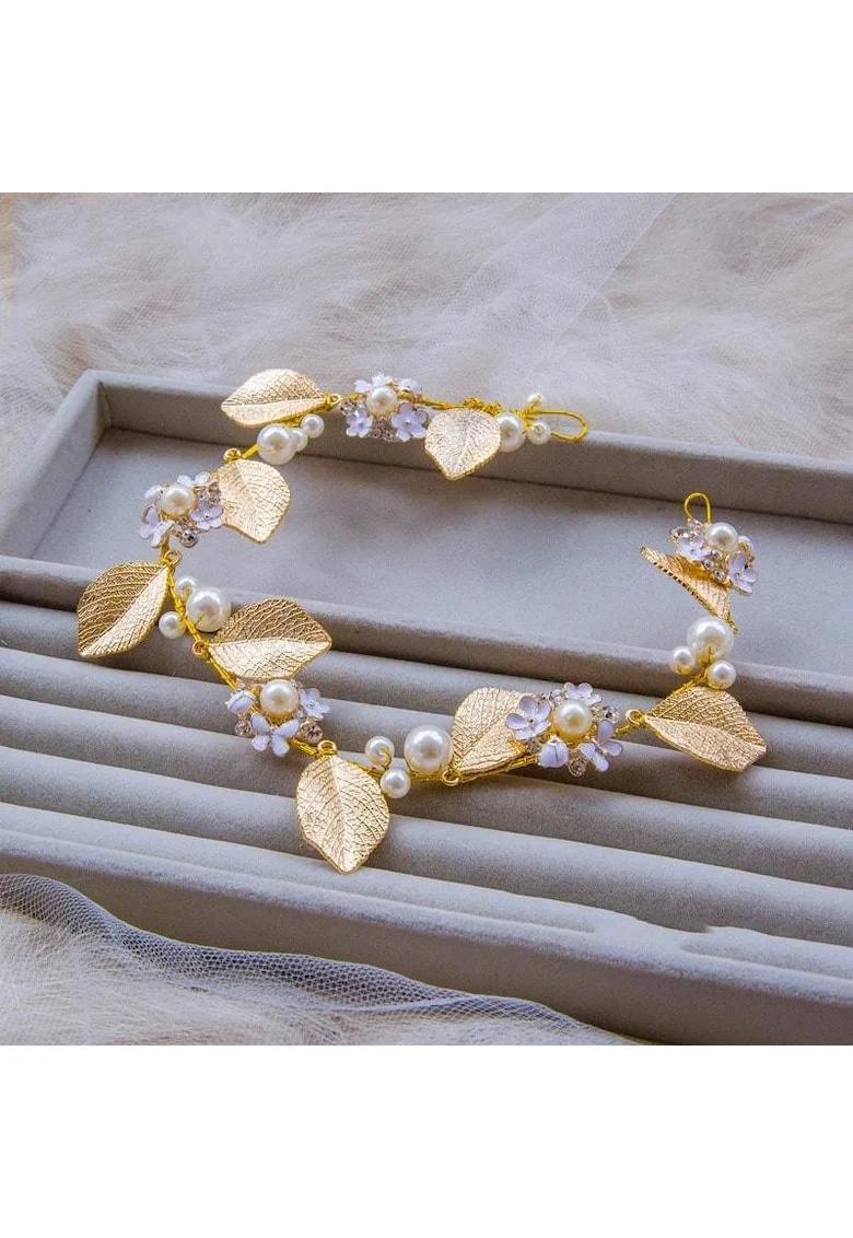Accesoriu de par, auriu, cu frunzulite si perle, Ingela C5,