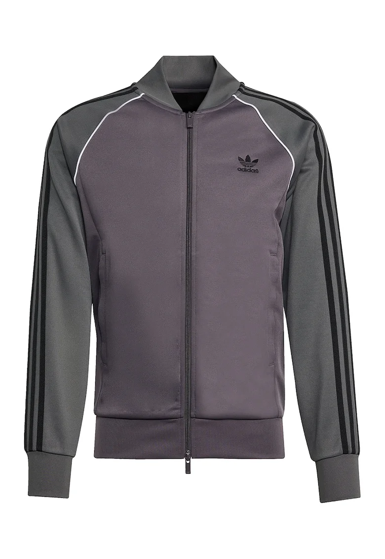 Bluza de trening cu fermoar si logo, Alb/Negru/Gri