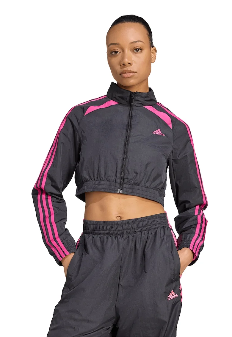 Bluza crop de trening cu fermoar si maneci cu dungi, Roz/Gri antracit